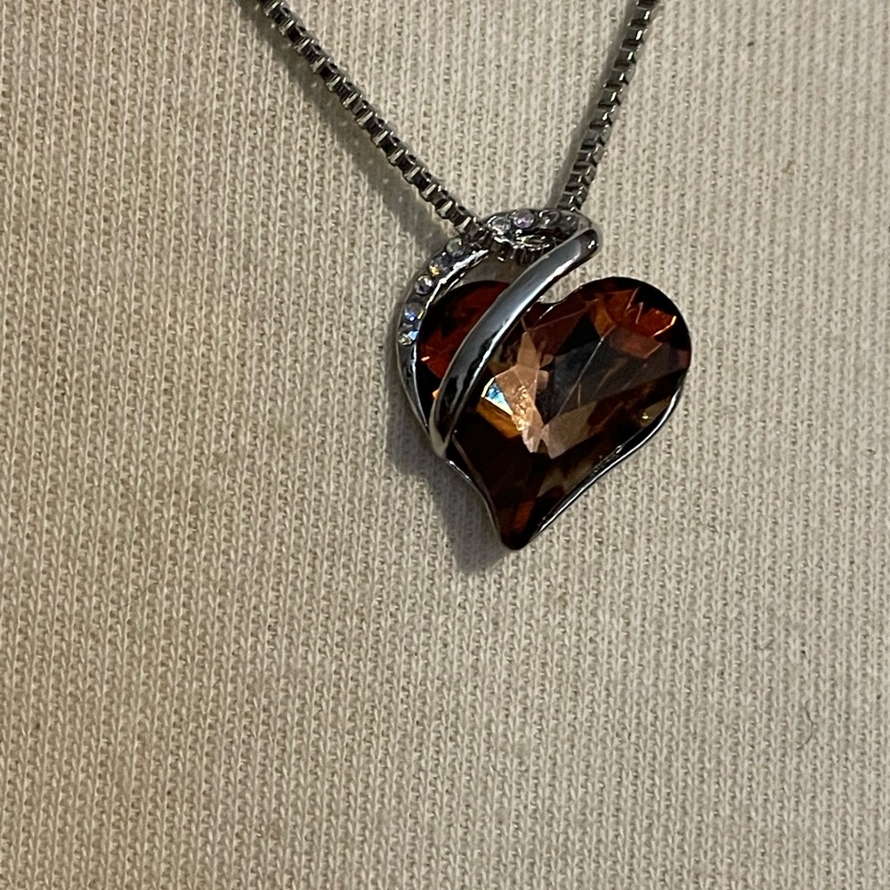 Silver Heart Pendant Necklace with Brown Crystal Accent